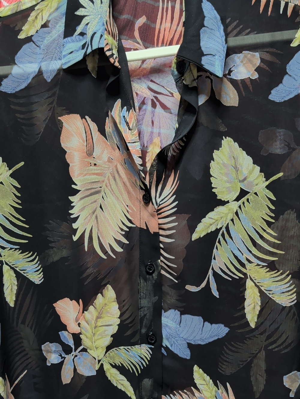Lulu's Black Sheer Tropical Leaf Button-Up Oversized Blouse